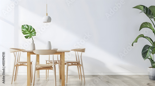 Stylish and eclectic dining room interior with mock up poster map sharing table design chairs gold pedant lamp and elegant sofa in second space White walls wooden parquet Tropical leaf : Generative AI