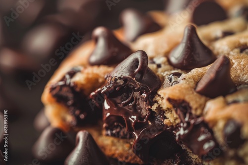Close-up of a chocolate chip cookie with a melted chocolate center.