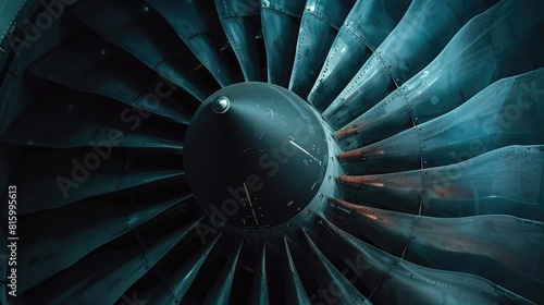 Close up image of a fan blade and spinner cone in an aircraft s turbofan engine