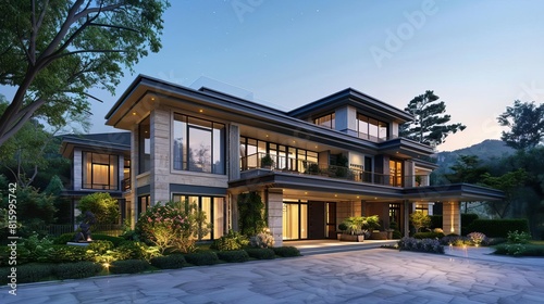 luxurious contemporary residence exterior with elegant driveway architectural 3d visualization
