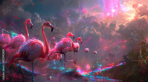 A beautiful pink flamingo wades in a lake at sunset