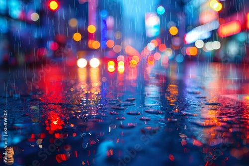 Colorful lights from street lamps illuminate the rain-soaked pavement, creating a mesmerizing visual display that is perfect for artistic projects.