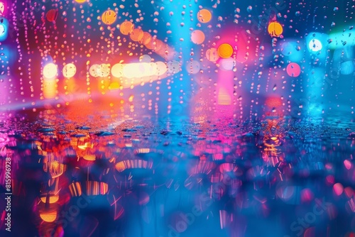 Colorful lights from street lamps illuminate the rain-soaked pavement, creating a mesmerizing visual display that is perfect for artistic projects.