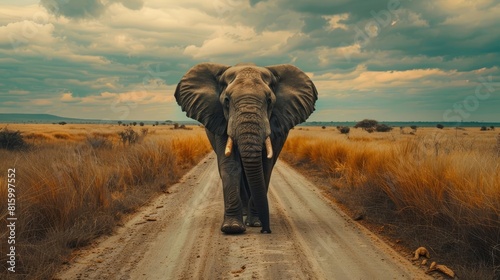 majestic african bush elephant lifting foot on dirt road tanzania 8k generative ai