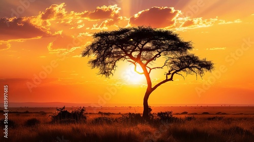 majestic african savanna landscape at sunset silhouette of acacia tree