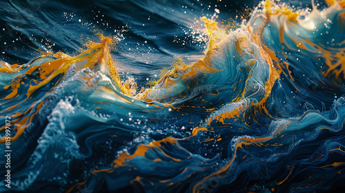 Brushstrokes of cobalt and saffron evoke an abstract aquatic reverie.
