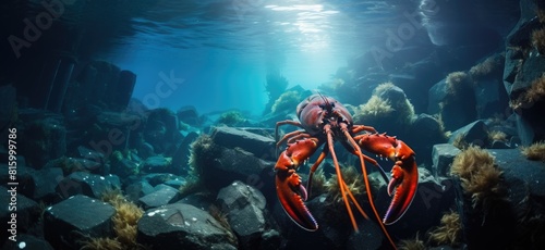 Elegant Red Lobster Navigating Blue Waters Next to Grey Coastal Rocks