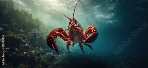 A large red lobster is swimming in the ocean. The water is blue and the rocks are grey