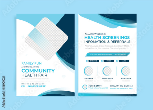 Community health Fair double-sided flyer design. Suitable for medical health and healthcare live webinar square Flyer. Instagram stories collection template design. EPS vector illustration.