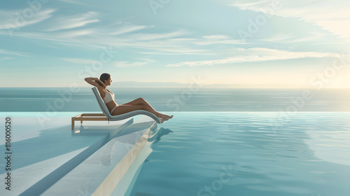 Woman sunbathing on lounge chair at poolside overlooking ocean : Generative AI