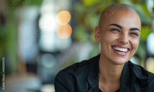 Candid bald woman laughing. Inclusive image of mixed race businesswoman with alopecia hair loss condition. Inclusion & diversity in workplace