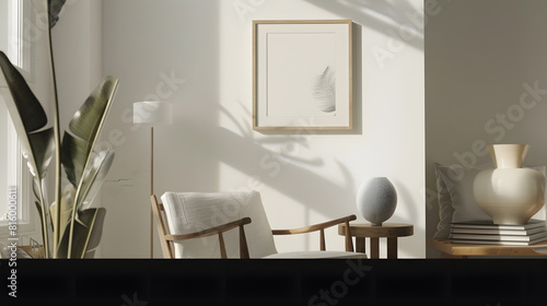 Stylish scandinavian composition of living room with design armchair black mock up poster frame plant wooden stool book decoration loft wall and personal accessories in modern home dec : Generative AI