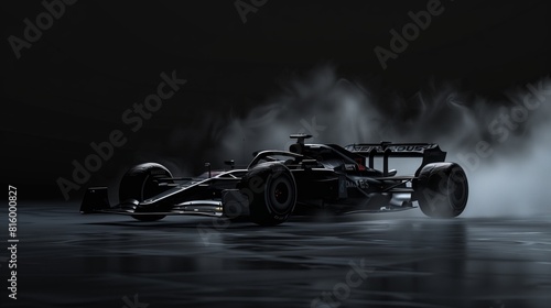 Side View of F1 Car with Tire Smoke Against Black Background