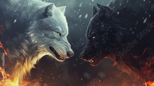 majestic white wolf and mysterious black wolf in intense faceoff fantasy illustration of good vs evil duel