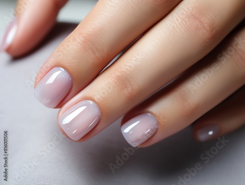 close up of a hand with a beautiful manicure with a sheer pink polish. The nails should be short and natural looking.