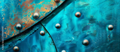 Abstract Background. Close-up of weathered blue metal surface with rust and rivets. Industrial and texture concept.