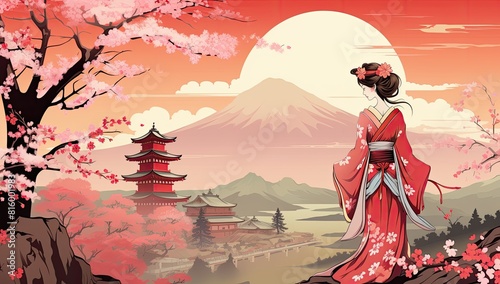 Woman in Red Kimono Against Mountain Backdrop