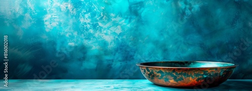 Minimalist copper bowl, textured turquoise, verdigris background with patina. Studio still life photography. Home decor and vintage design concept. Design for interior decoration, wallpaper or poster.
