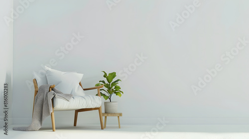 Ideas for modern minimal home interior design Gray vintage armchair with white pillow and blanket table with green plant in pot on floor on light wall background panorama copy space no : Generative AI