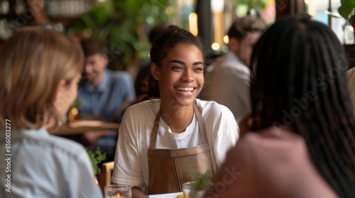 Group of friends enjoying conversation at a cozy restaurant; happy young woman with apron smiling at colleagues during break.