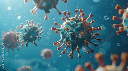 microscopic view of novel coronavirus ncov in blue background 3d illustration