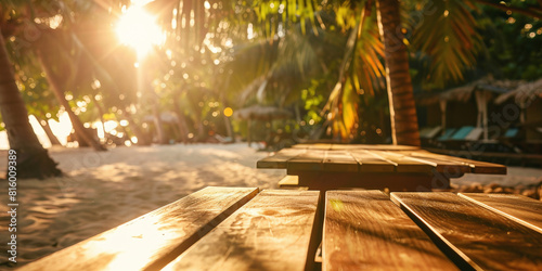 cosy table in tropical beach bar, sunlight