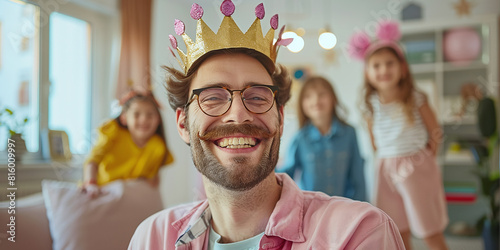 cheerful happy adult man wearing princess costume in bright living room, cheerful two girls in background