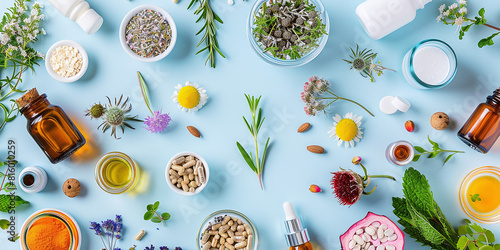 Natural remedies: herbal therapy, medicines, drugs, tincture, infusion, homeopathy for holistic health and wellness solutions in alternative medicine practices
