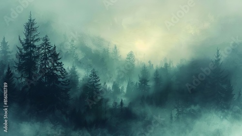 mysterious forest shrouded in dense fog atmospheric digital landscape painting
