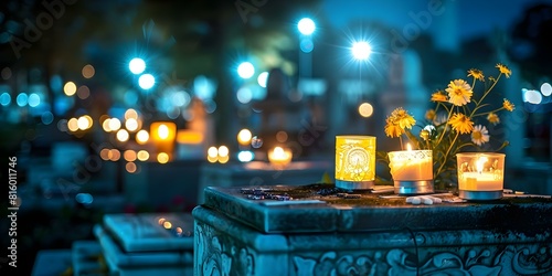 Night of All Saints candles on graves in cemetery honoring the deceased. Concept All Saints Day, Cemetery Traditions, Memorial Candles, Honoring the Deceased, Nighttime Commemoration