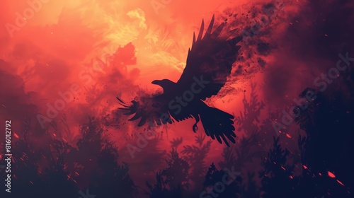 ominous raven soaring glowing ember wings smoky red mist eerie fantasy scene dark surreal atmosphere digital illustration