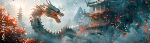 Majestic Chinese Dragon Soars Through Iconic Digital Landscape of Ancient Pagodas and Palaces