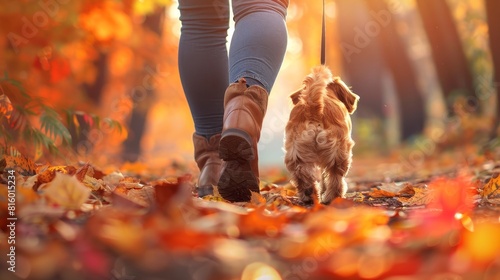 Generate an image of a pet and its owner walking briskly through a colorful autumn forest