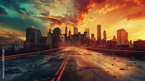 postapocalyptic new york city skyline with highway to armageddon scifi disaster concept