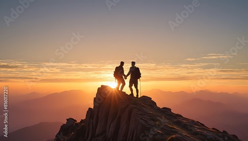 Together overcoming obstacles with two people helping each other on mountain top. Celebrating success and achievements of business goals. Business persons celebrating success on mountain top.