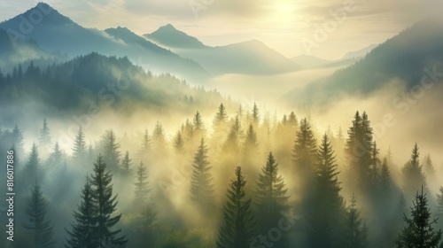 Fog laden forest nestled amidst rugged mountains in the early hours of the morning
