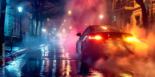 Midnight chase in wet hazy alley: Crime scene car speeding. Concept Thrilling Pursuit, Mysterious Incident, Dark and Foggy, High-Speed Chase, Suspenseful Investigation