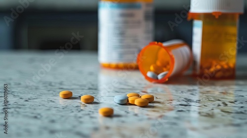 scattered prescription pills on a white countertop highlighting the alarming opioid epidemic and painkiller addiction crisis