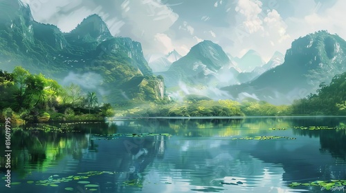 scenic vietnamese landscape with lush green mountains and tranquil lake digital painting