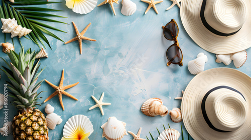 A light blue background with sunglasses, pineapples, white seashells, straw hats and starfish. Top view, copy space area