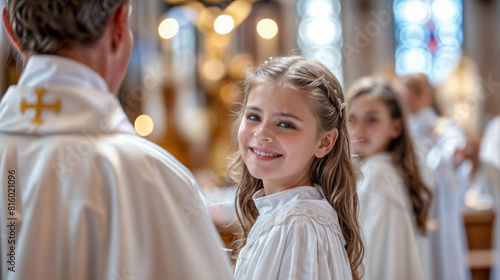 Young girl smiling during a First Communion ceremony in a church, wearing a white dress.