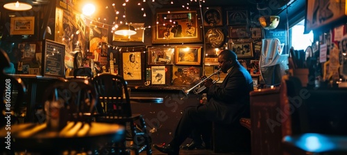 Trumpet player standing spot light in dark New York smokey bar