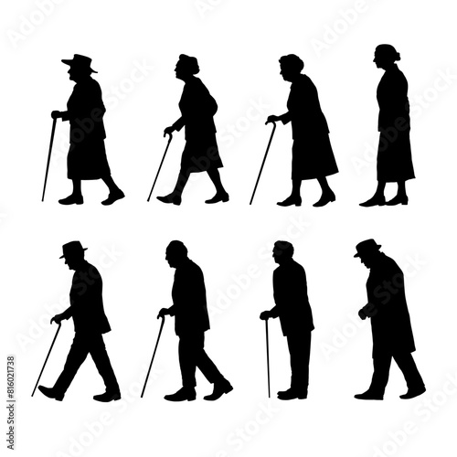 Set od silhouette of old man and woman walking, old age, senior woman - vector illustrationzki