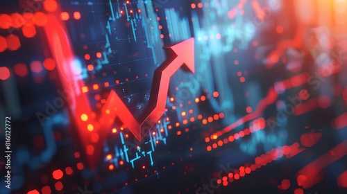 3D illustration of a financial crisis with a red arrow pointing downward on a graph, symbolizing market crash and economic recession