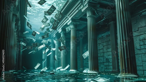 Conceptual image of banks portrayed as drowning in debt, illustrating financial instability or bankruptcy in a 3D illustration of a banking crisis