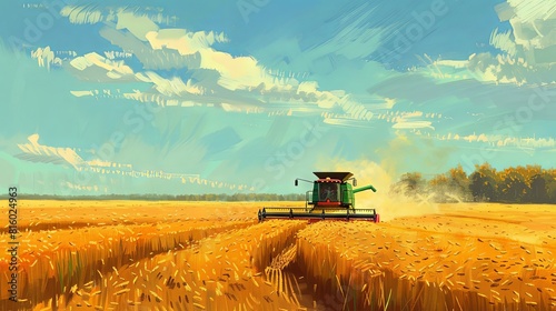 combine harvester, harvesting a wheat field, in the style of The New Yorker art