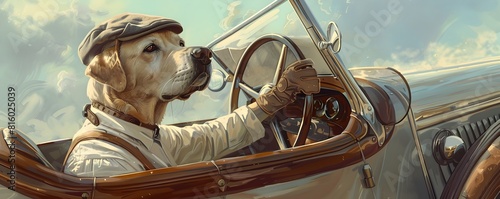 Dignified Labrador Retriever Expertly Navigates Classic 1930s Roadster Convertible with Poise and Mastery