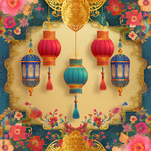 chinese lantern with colourful flowers
