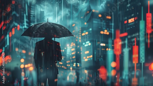 Image depicting market turbulence and financial crisis with a businessman holding an umbrella against stock market volatility, in a 3D illustrated concept
