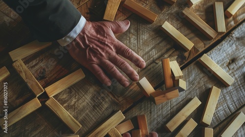 Overhead view of a businessman's hand preventing dominos from falling, symbolizing crisis management in business